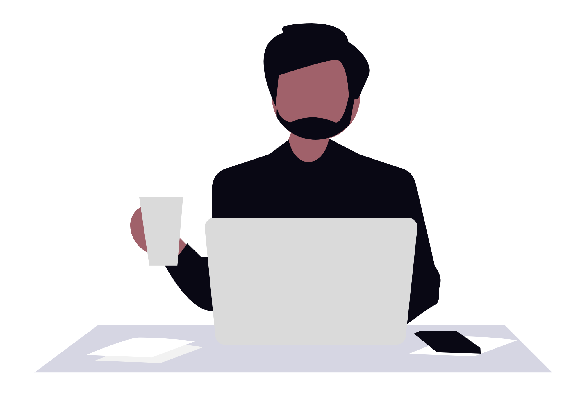 Illustration of a man with dark hair and beard working on a laptop at a desk, with a glass of water beside him.