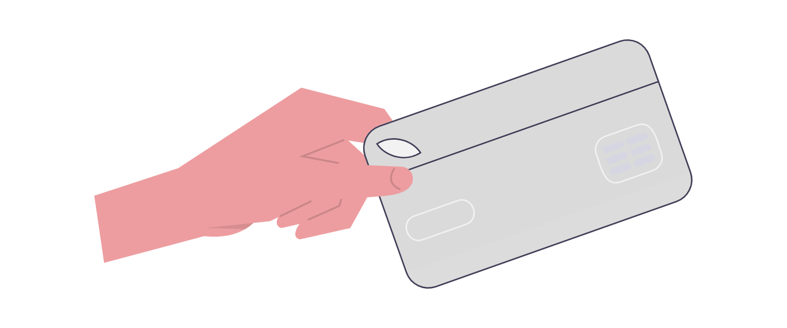 A pink hand holding a gray credit card.