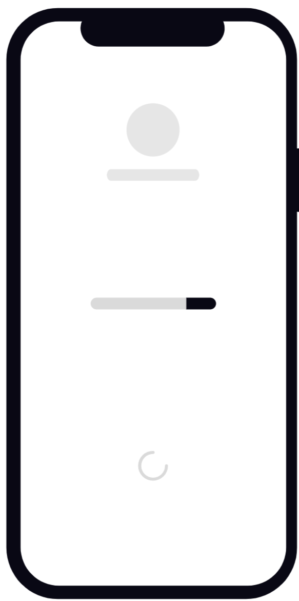 Mobile phone screen displaying a loading or syncing interface with a user icon at the top, a progress bar in the middle, and a spinning circle at the bottom.
