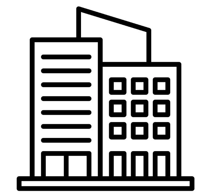 Line drawing of two office buildings, one taller and one shorter, with a flag on top of the taller building.