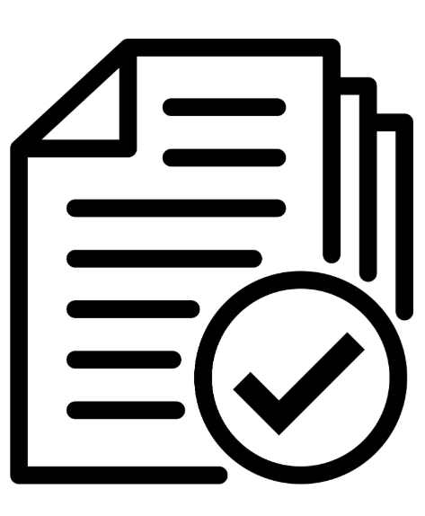 Icon of a document with lines of text, a pen, and a checkmark inside a circle indicating approval or completion.