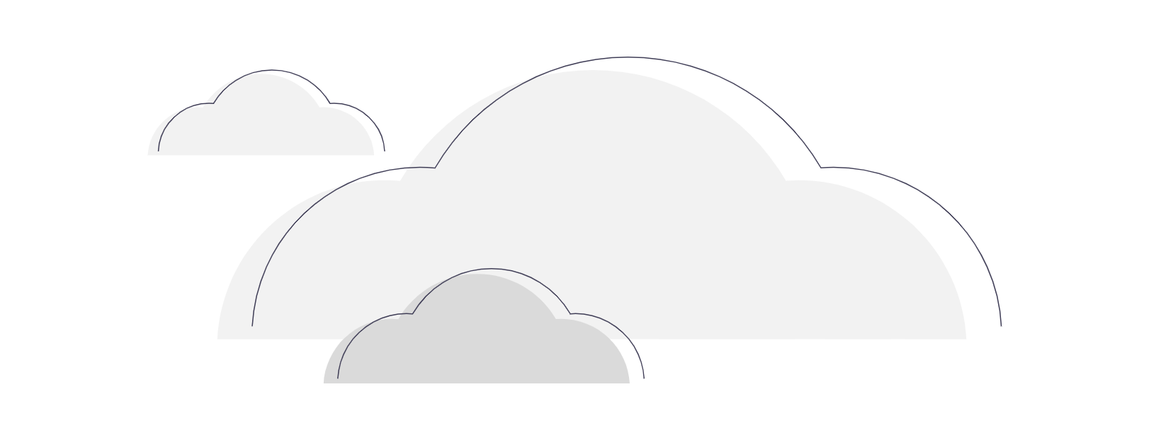 Illustration of several clouds in shades of gray and white against a white background.