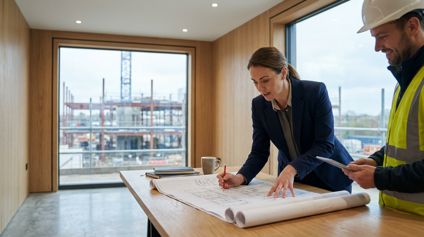 Two construction professionals, a woman in a suit and a man in a safety vest and helmet, reviewing architectural plans at a wooden table in a building under construction with large windows revealing construction site outside.
