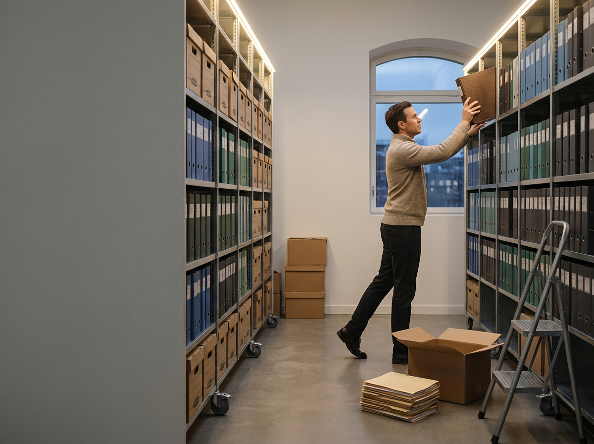 A man in a beige sweater and black pants organizing files on shelves in an office storage room. There are cardboard boxes on the floor, a step ladder, and a window behind him.