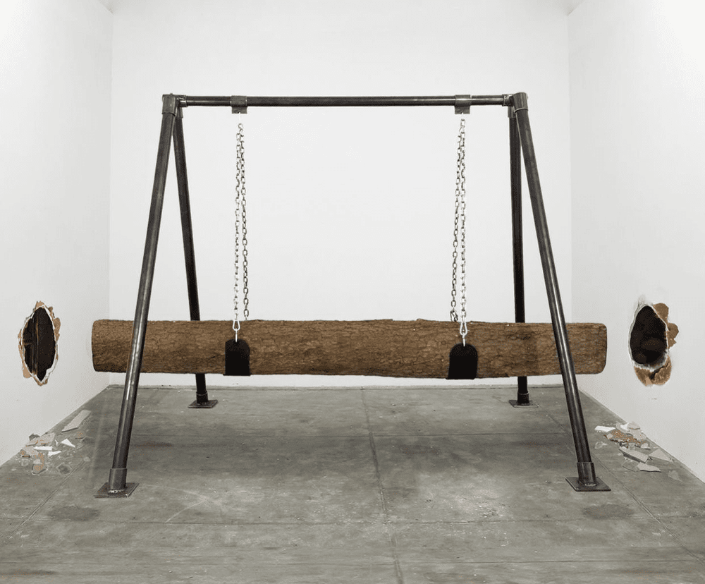 Swing Trunk (Lateral), 2022
Galvanized Steel, Chains, Treetrunk and Sheetrock
Dimensions variable
Render

Columpio Tronco (Lateral), 2022     
Acero Galvanizado, Cadenas, Tronco y Tablaroca
Dimenciones Variables