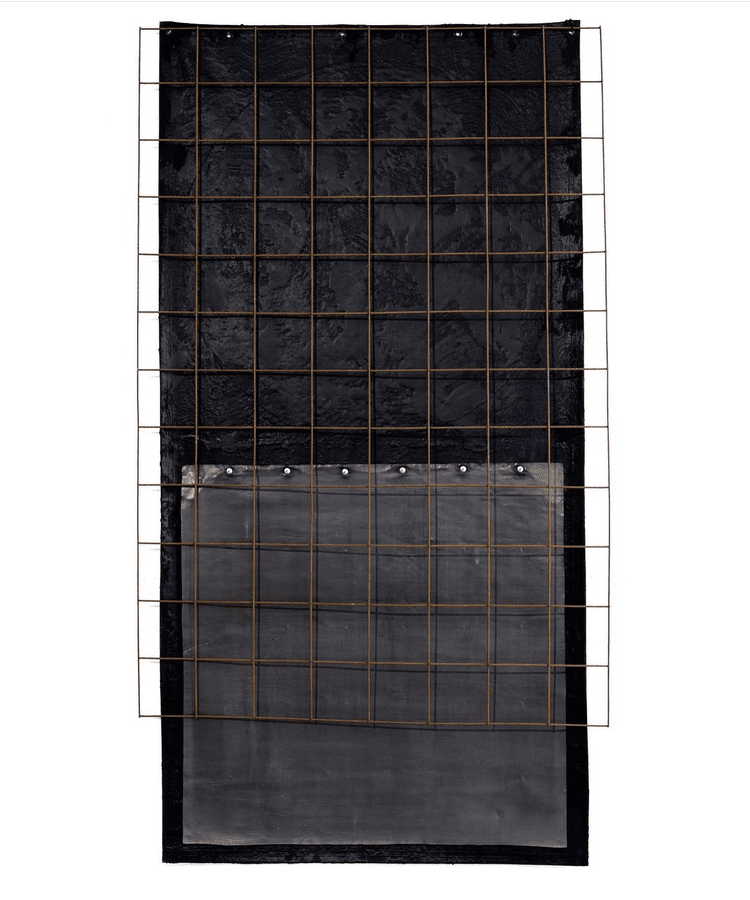 Lockdown, 2020
Tarred Tarp, Lead and Rusty Wire Mesh
(Relevant Debris buried under tarp)  
86” x 45” x 3”

Cuarentena, 2020
Lona Enchapopotada, Plomo y Malla Oxidada.
(Detrito Relevante enterrado bajo el chapopote)
220 cm x 115 cm x 8 cm

