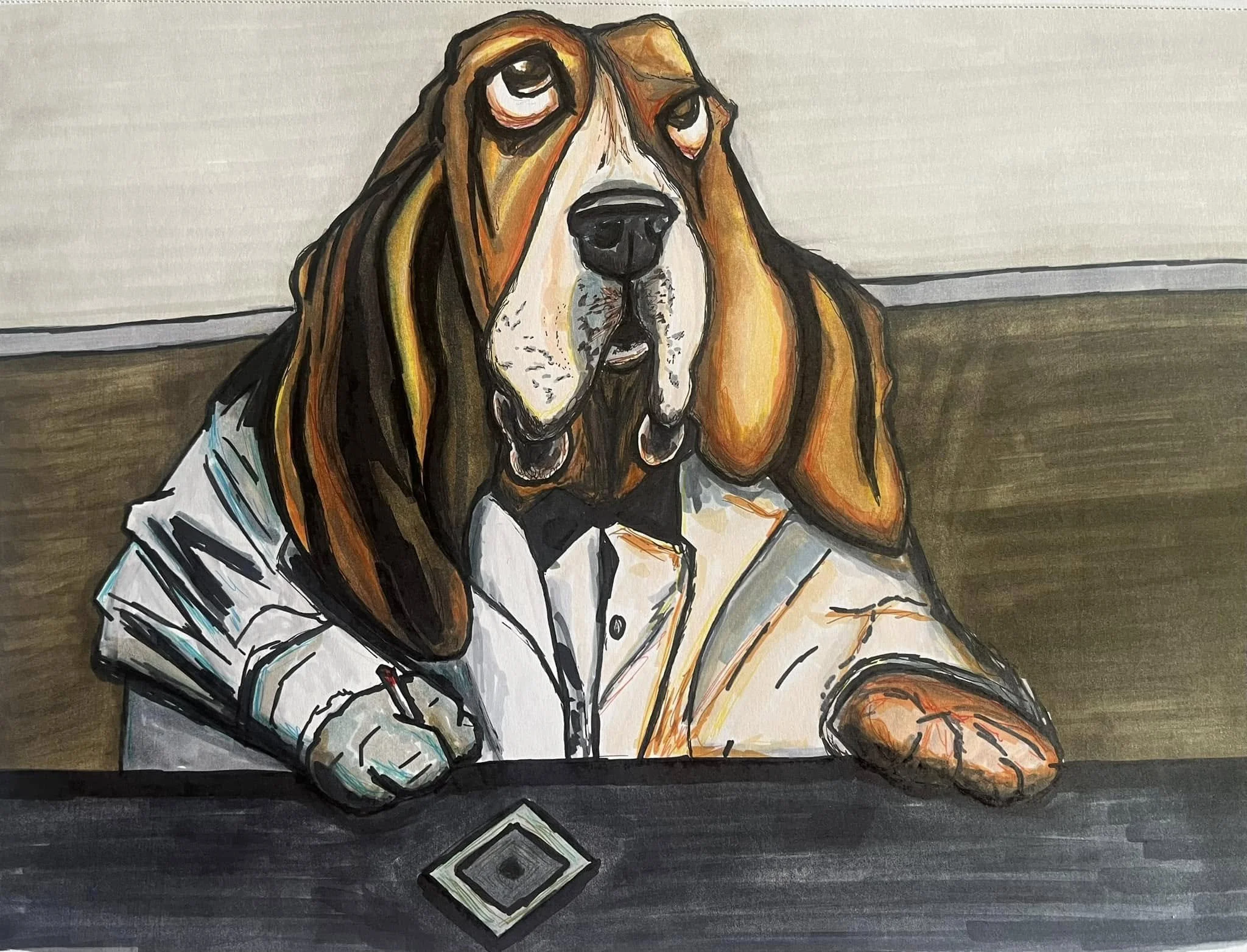 A painting of a Basset Hound dog in a white shirt, sitting at a table with a diamond-shaped object in front of it, against a background of a wall with a horizontal stripe.