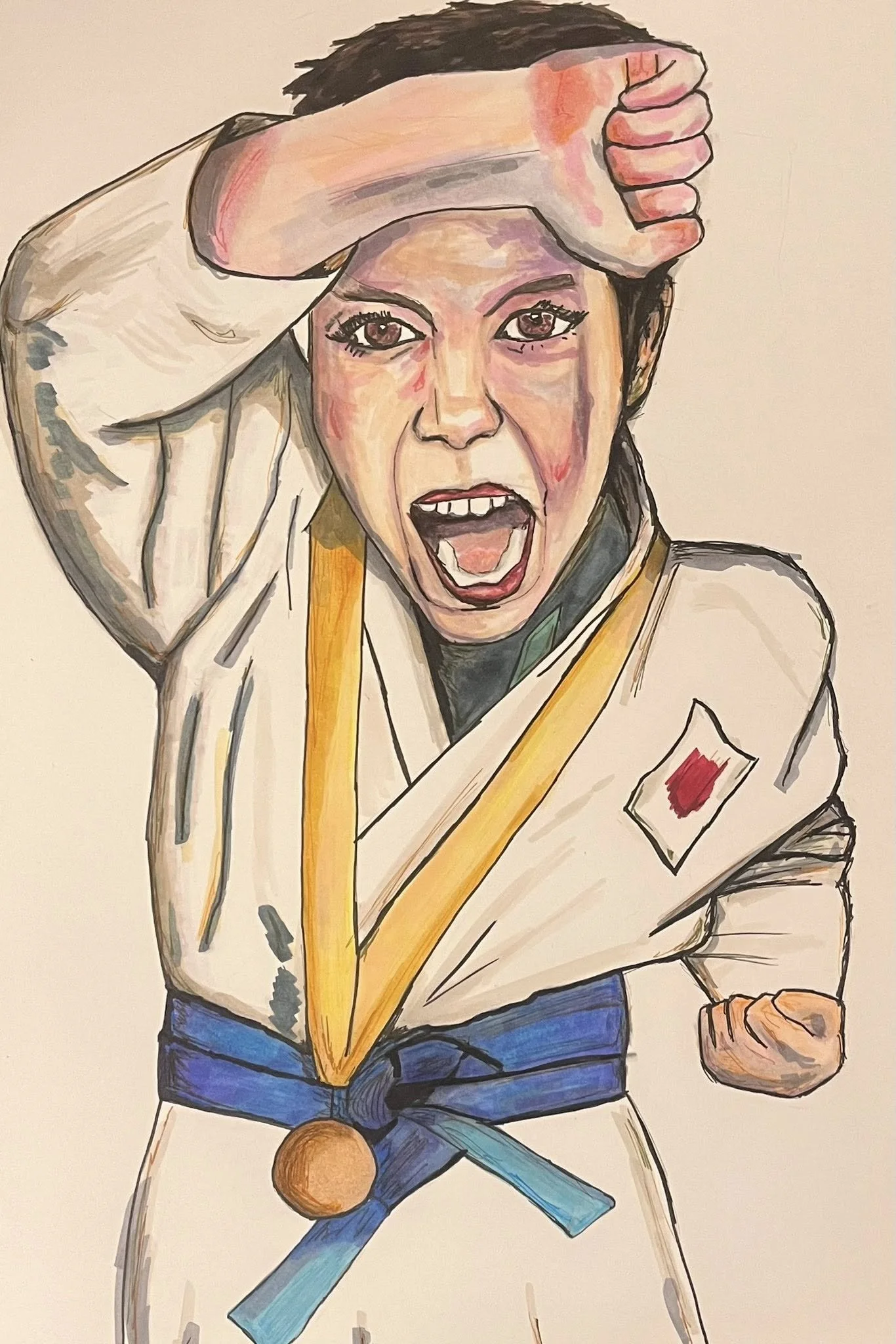 A watercolor-style drawing of a woman in a martial arts uniform with a blue belt, raising her fist in a fighting stance, with an intense expression on her face.