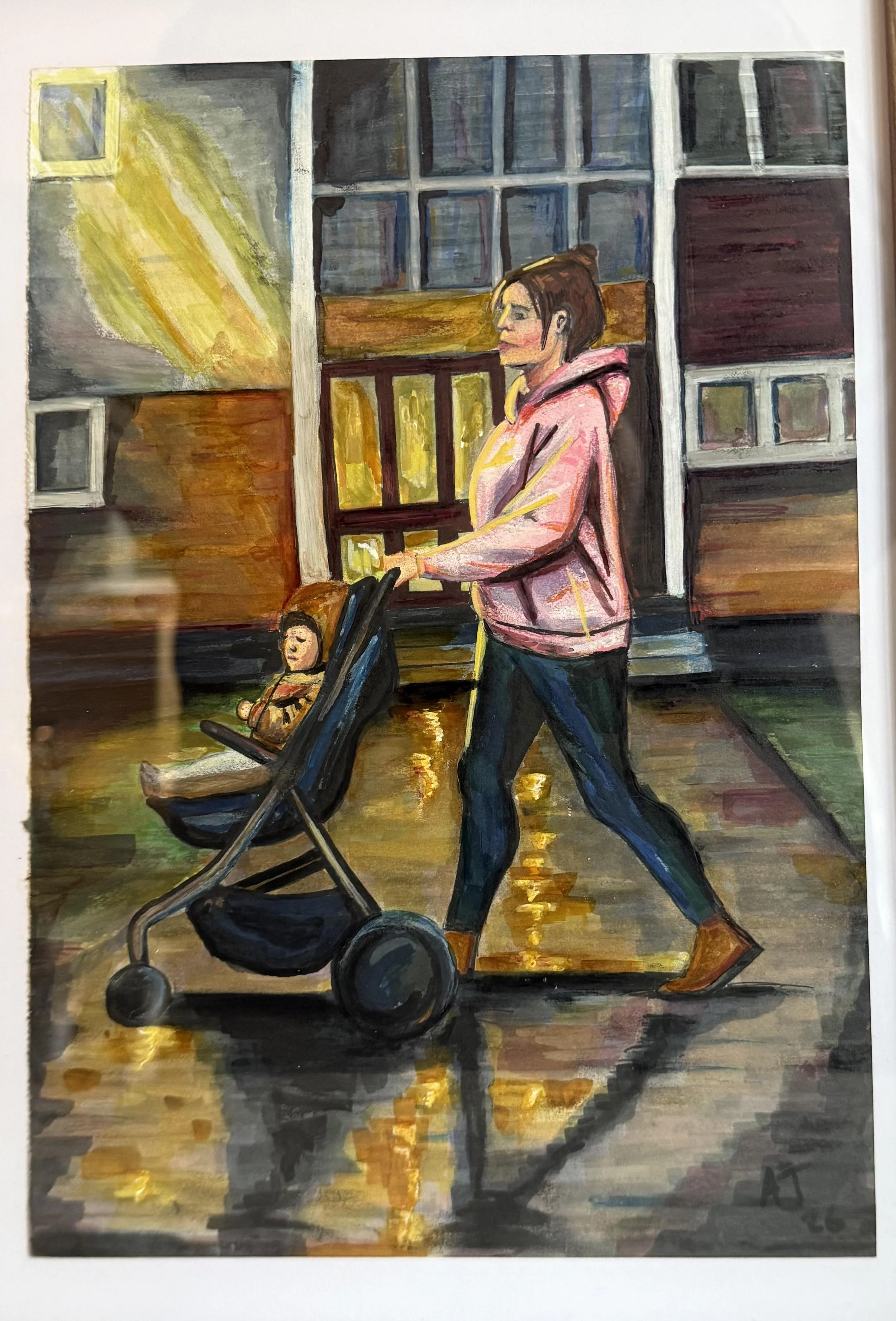 An impressionist painting of a woman walking in a city at night, pushing a stroller with a small child inside. The background shows a building with large windows and streetlights reflecting on wet pavement.