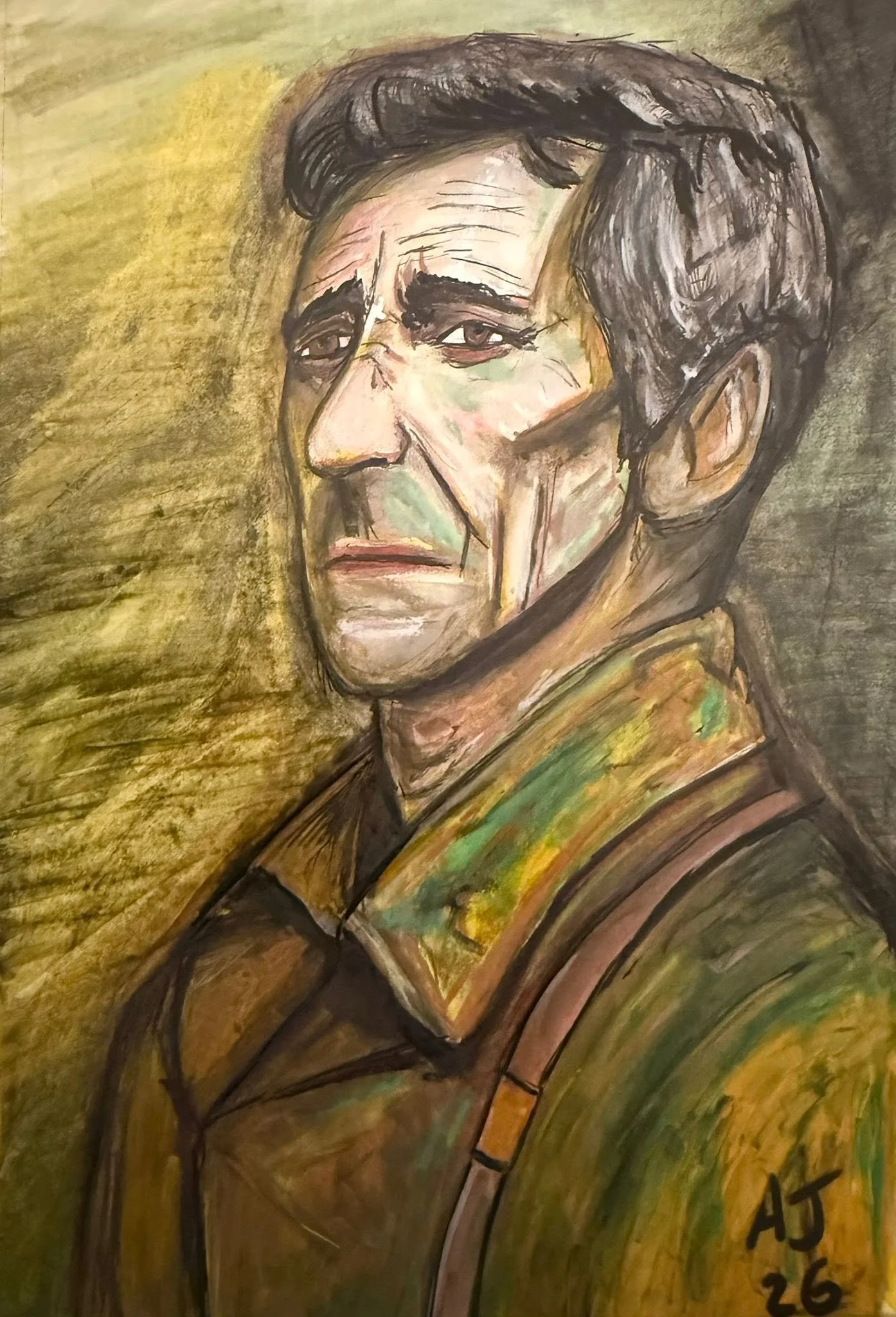 A colorful portrait of an elderly man with a serious expression, wearing a green shirt, with the artist's initials and date, 'AJ 26,' in the lower right corner.
