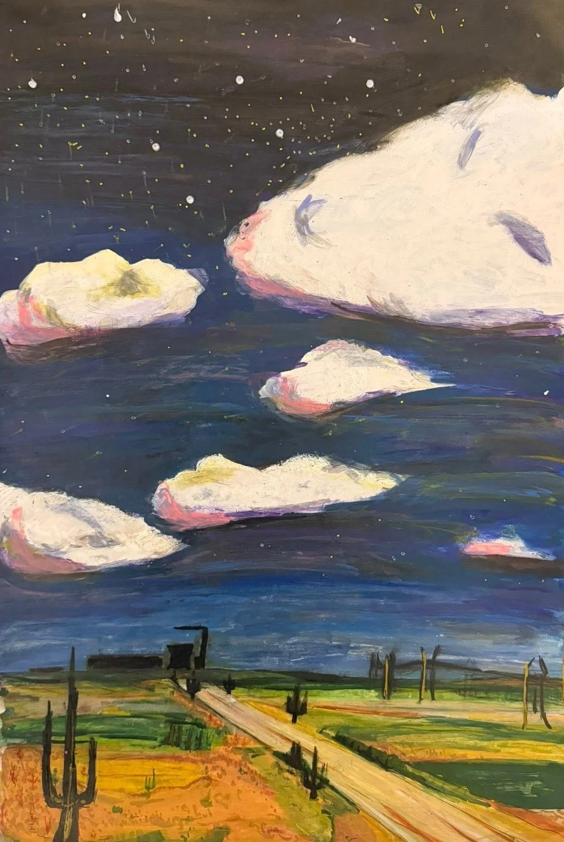 A painting of a landscape with a colorful sky filled with clouds and stars, a distant town with power lines, and a steppe or desert with cacti and arid land.