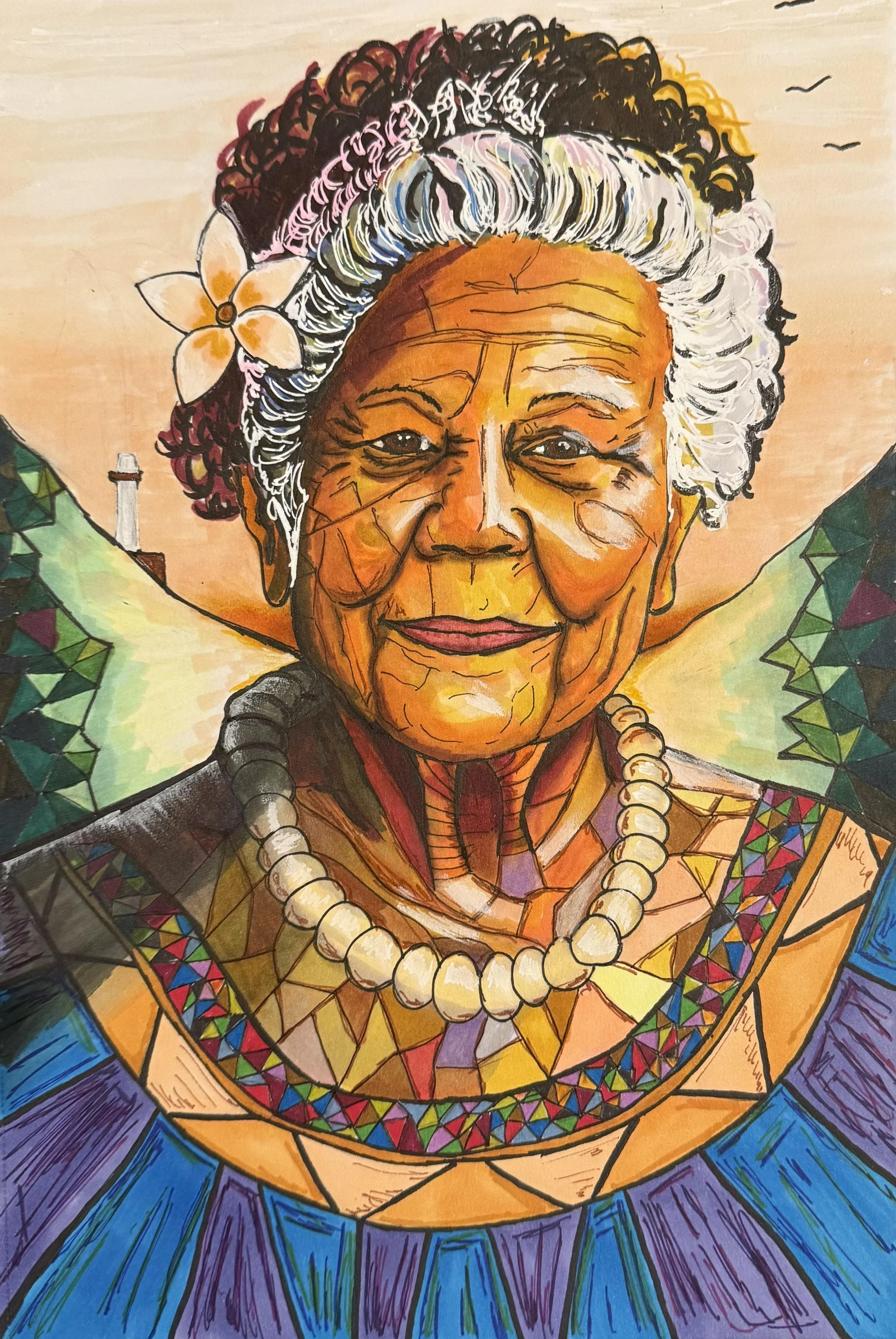 Colorful illustration of an elderly woman in traditional Hawaiian attire with a flower in her hair, wearing a necklace and a patterned dress, with a background of a sunset sky and birds.