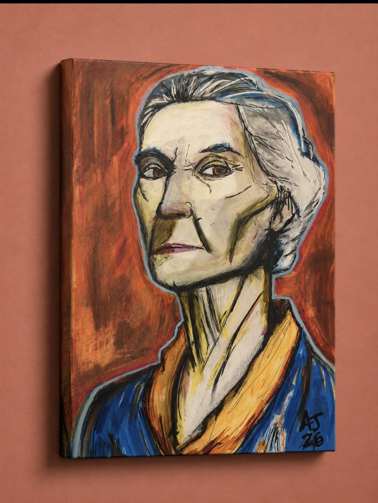 A portrait painting of an elderly woman with sharp features and long hair, wearing traditional clothing with a blue outer garment and an orange and yellow inner garment, set against a reddish-brown background.