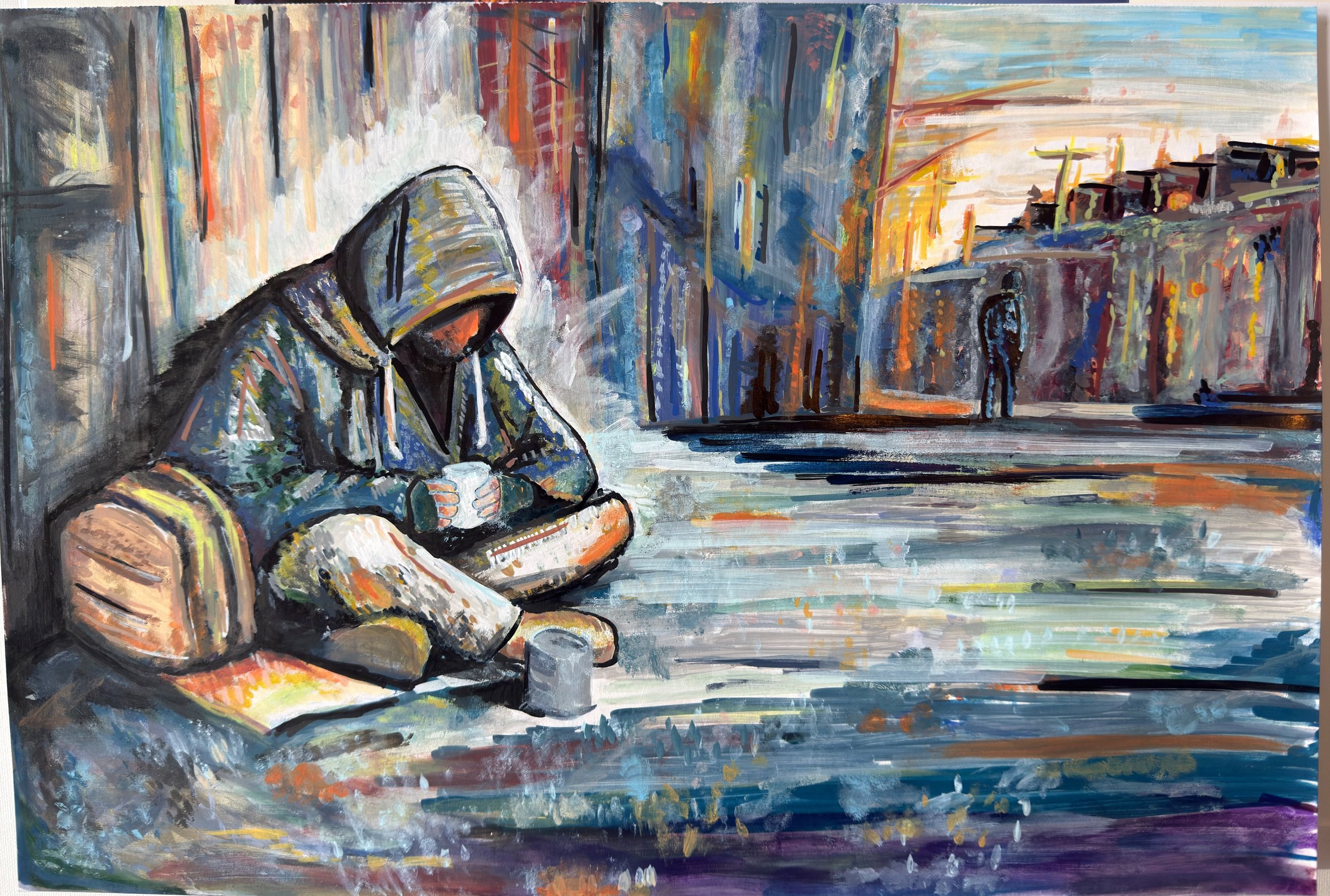 Abstract painting of a person sitting on the ground with a backpack beside them and a small cup in their hands, against a multicolored cityscape background.