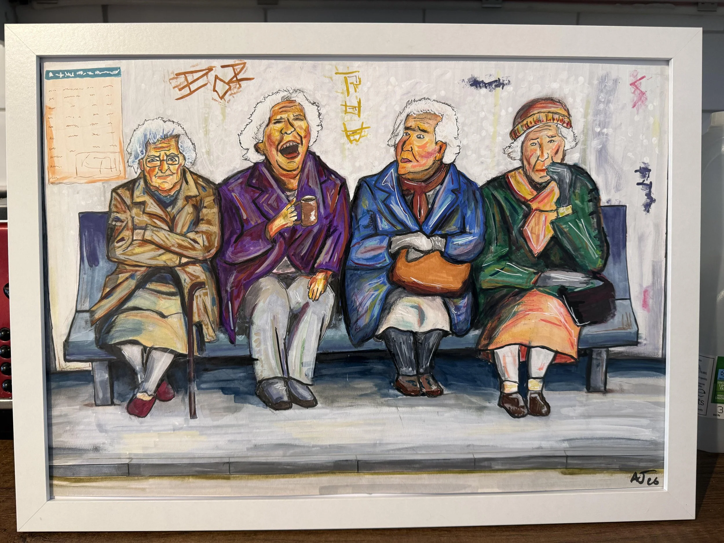 A colorful painting of four elderly women sitting on a bench, each with distinct expressions and attire, including one with glasses and a rainbow hat. One woman is holding a mug, and another is adjusting her hat. The background features a wall with papers and symbols.