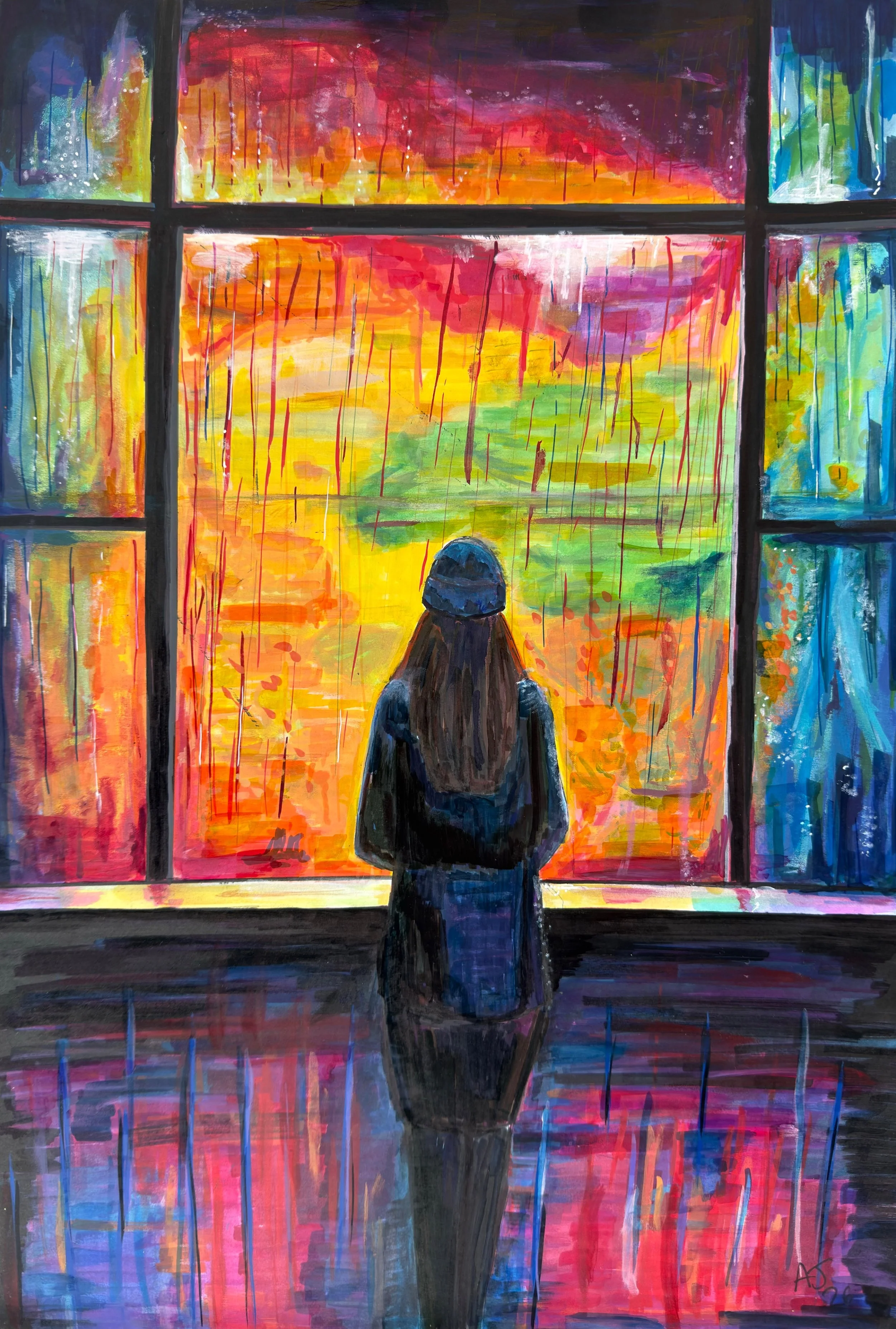 A person with long hair, dressed in dark clothing and carrying a backpack, stands in front of a large colorful window, watching a vibrant sunset painting the sky in shades of orange, yellow, red, purple, and blue.