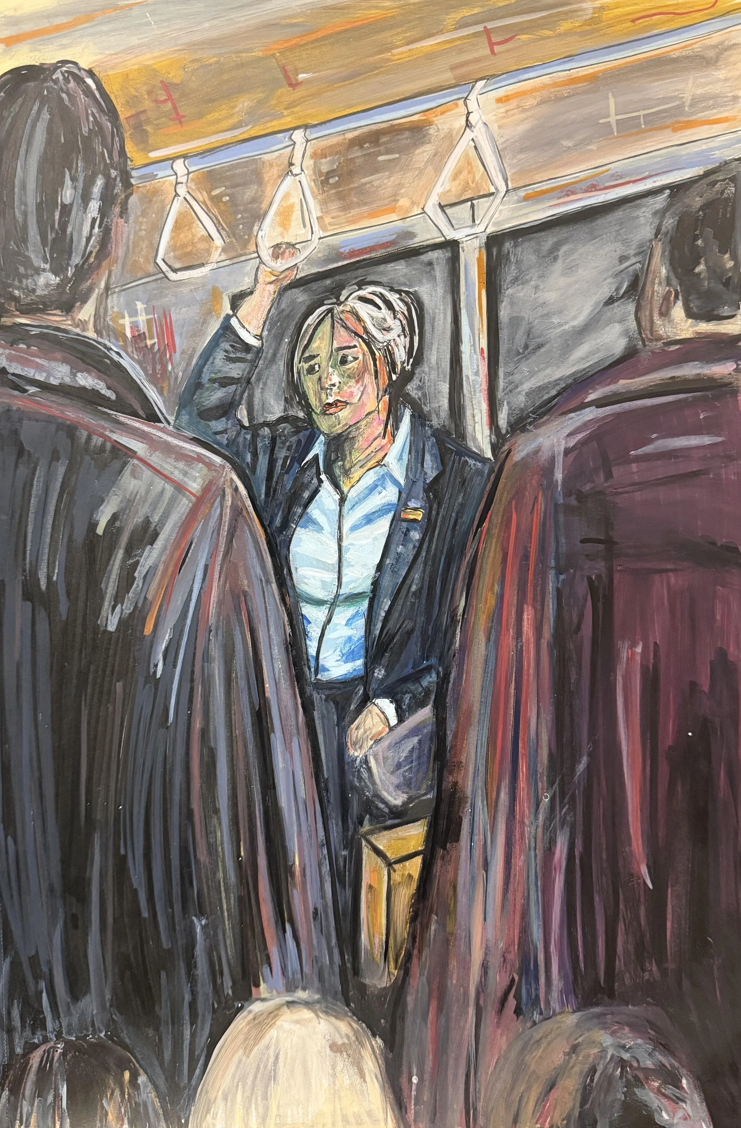 A painting of people riding a subway train, with a woman holding onto the handrail and looking down, surrounded by blurred figures of other passengers, using bold brushstrokes and a muted color palette.