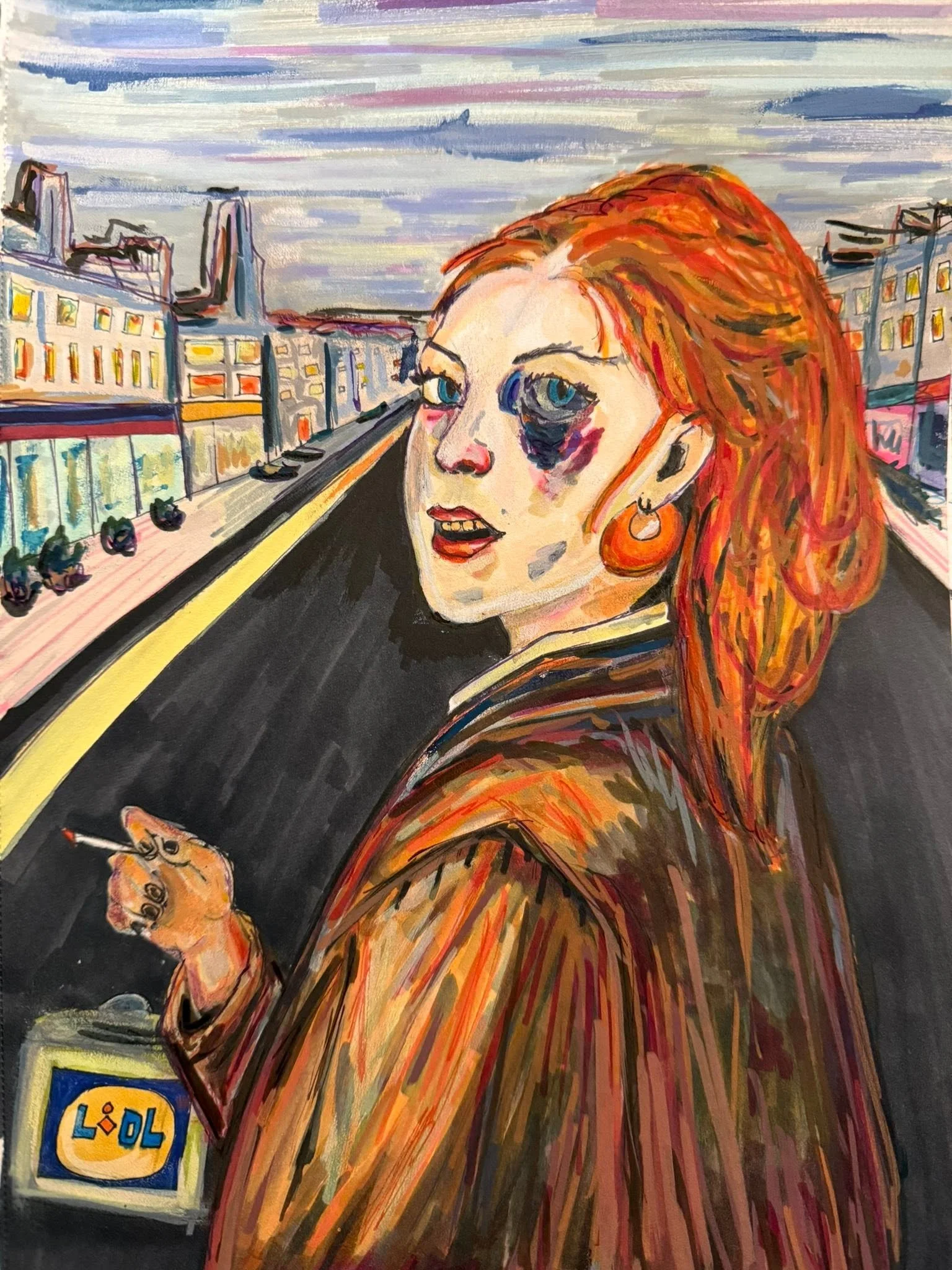 A colorful painting of a woman with red hair, wearing earrings, holding a cigarette, looking to the left, with buildings and a Lidl store in the background.