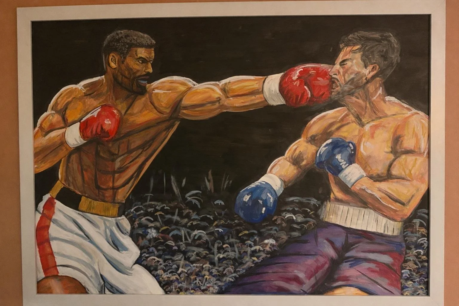 Painting of two boxers in a match, one throwing a punch at the other's face.