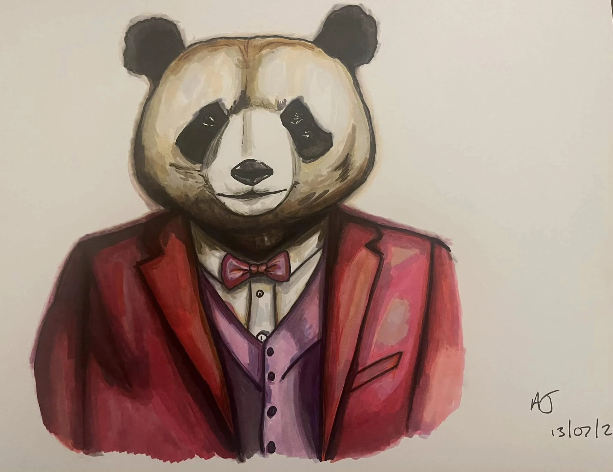 A painting of a panda bear with a human-like body dressed in a red suit, white shirt, and red bow tie.