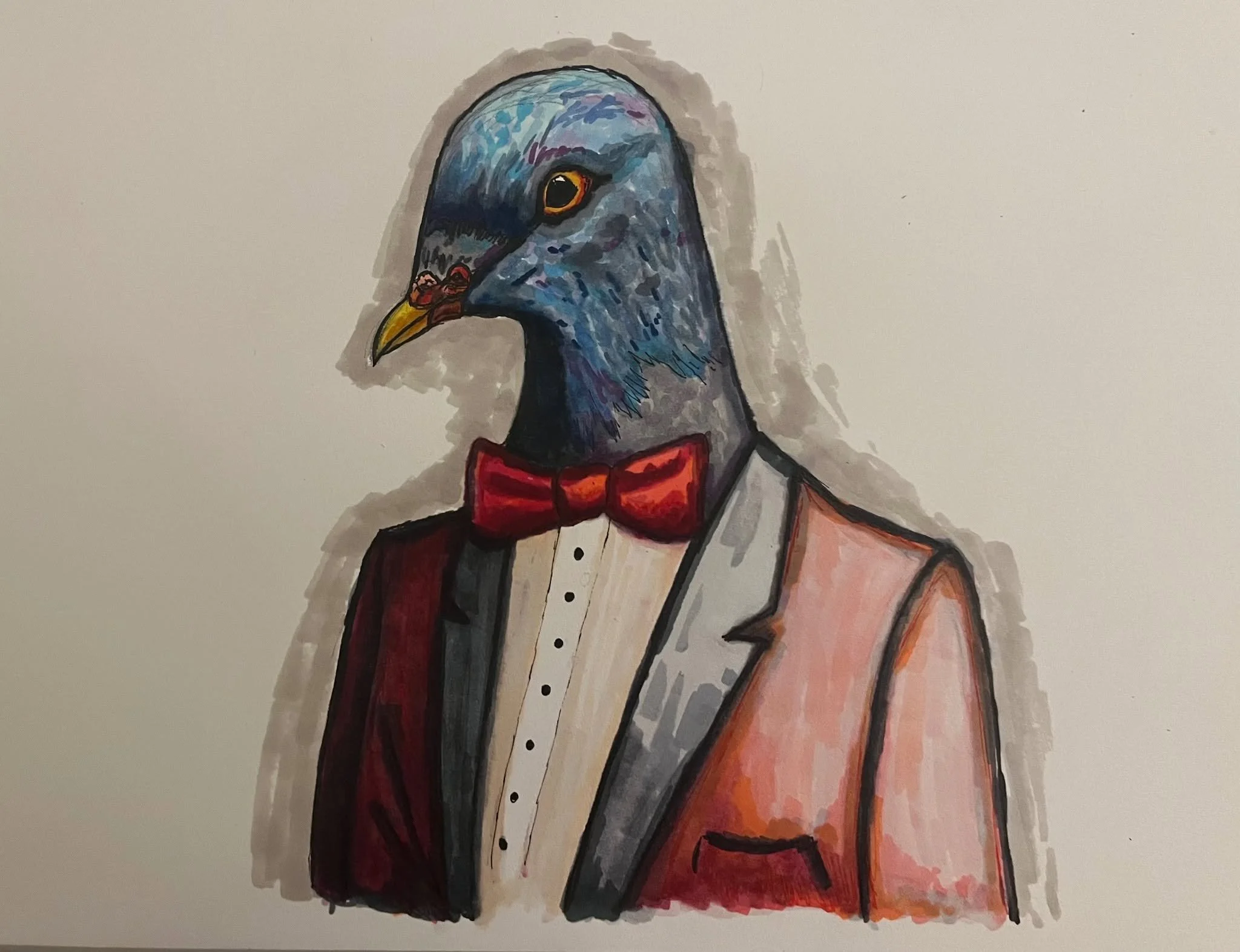 Colorful illustration of a bird with a human body dressed in a tuxedo and bow tie, with a red vest, on a plain background.