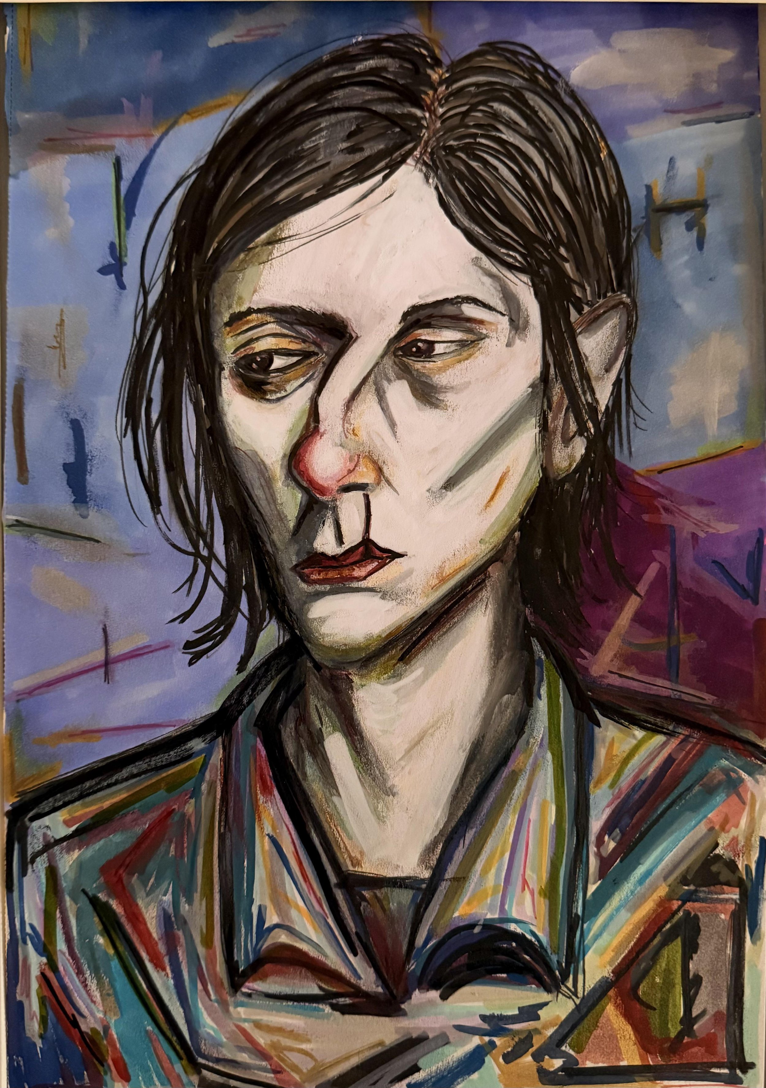An abstract portrait of a woman with dark hair, expressive facial features, and colorful brushstrokes in the background.