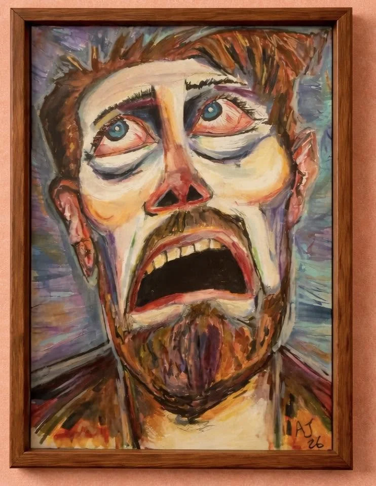 Expressionist portrait of a man with brown hair, blue eyes, and a beard, showing a distressed or shocked expression with his mouth open, painted with bold brushstrokes and vibrant colors.