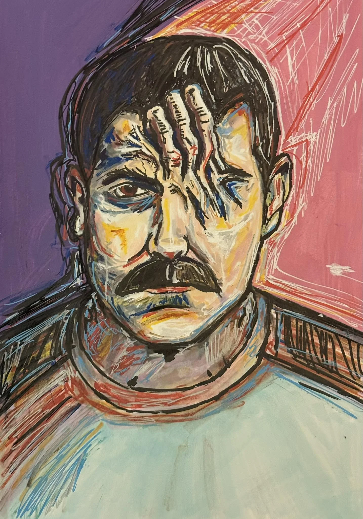 Abstract portrait of a man with a mustache, holding his hand up to his face, painted with bold, colorful brush strokes against a purple and pink background.