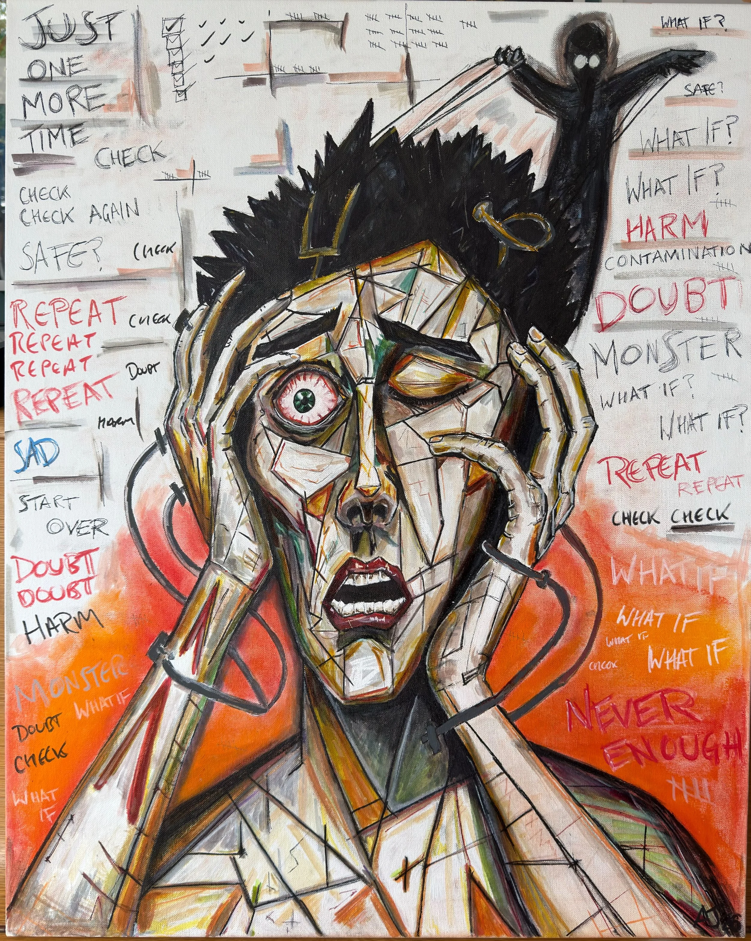 A distressed woman with a cubist style face holding her head, with a black shadowy figure with white eyes emerging from her head, surrounded by handwritten words and phrases about confusion, fear, and mental distress.