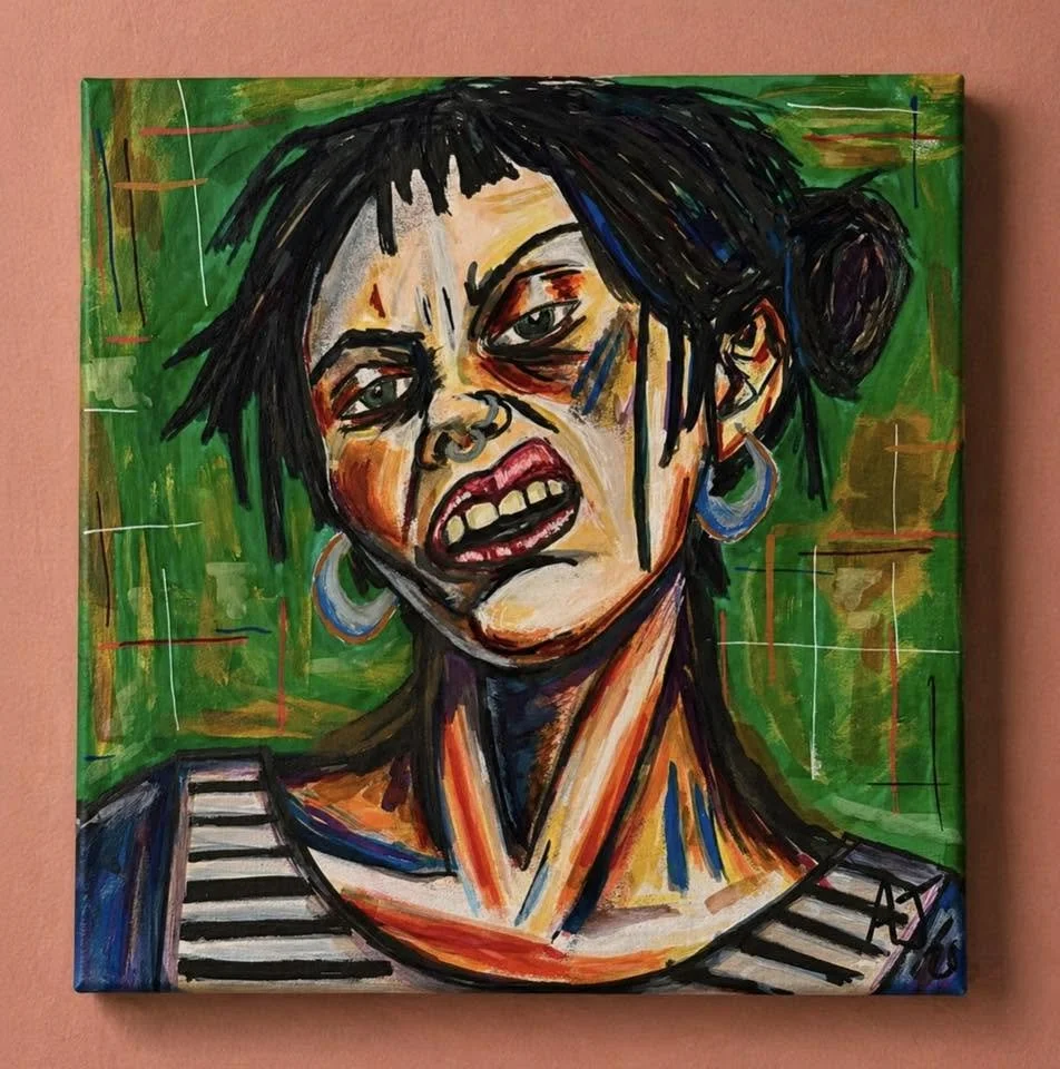 Expressive portrait of a woman with dark hair styled in two buns, wearing hoop earrings and a striped shirt, painted in an abstract, colorful style with exaggerated facial features against a green background.
