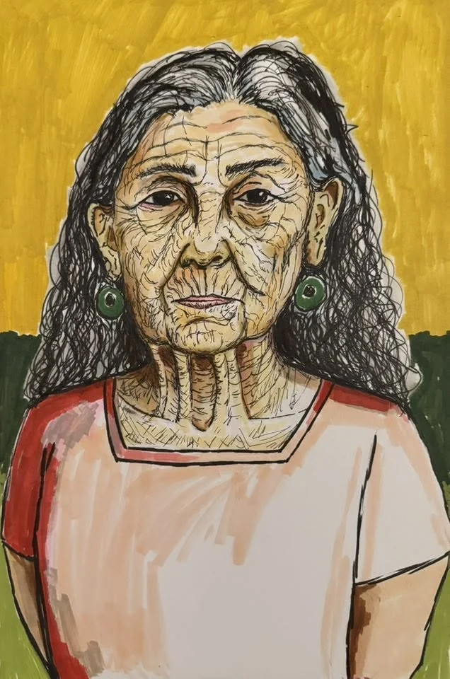 A portrait of an elderly woman with long, curly gray hair, wearing green earrings and a pink top with red and black accents, set against a yellow background.