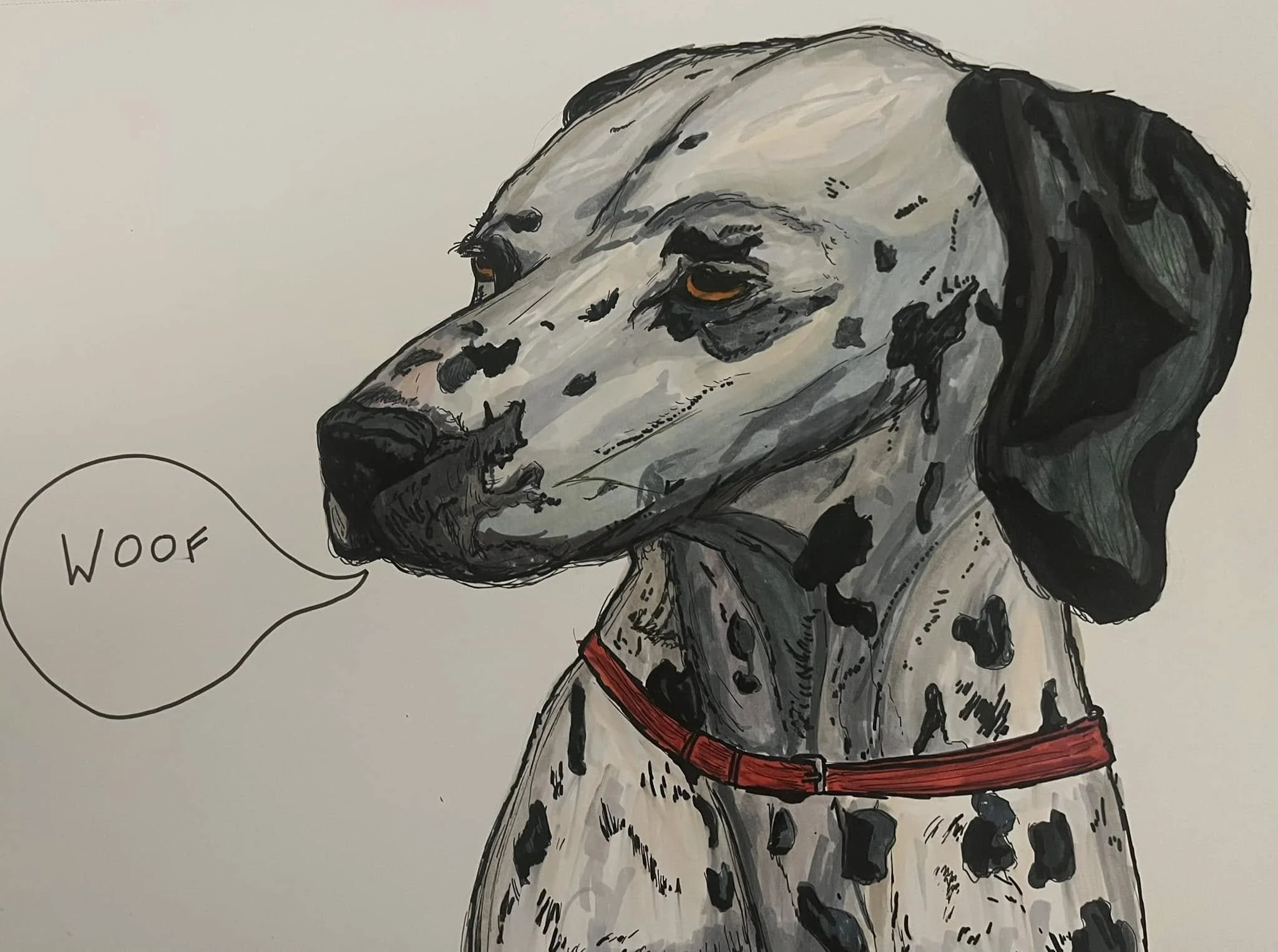 A black and white illustrated portrait of a dog with orange eyes, wearing a red collar, with a speech bubble containing the word 'WOOF'.