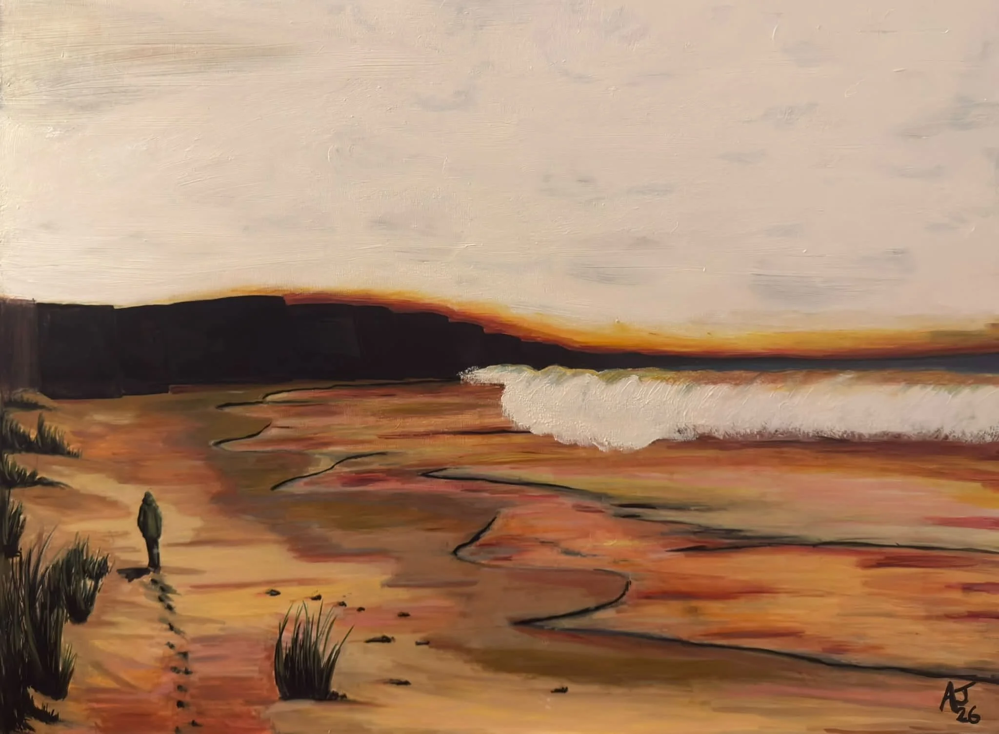 A landscape painting of a sunset over a body of water, with a person walking along the shore and trees in the foreground.