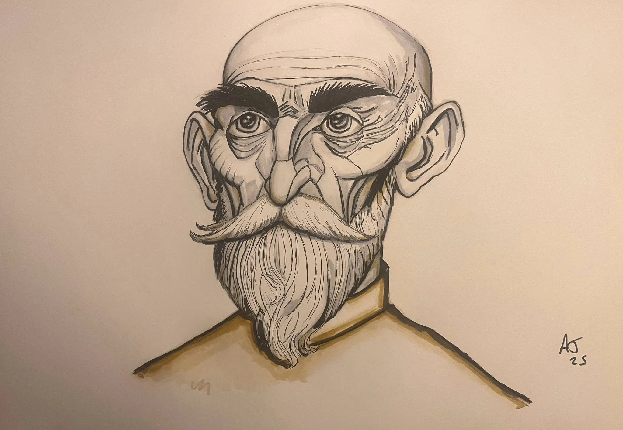 A hand-drawn portrait of an elderly man with a bald head, thick eyebrows, large eyes, and a long white beard, signed with initials "At" and the year "25".
