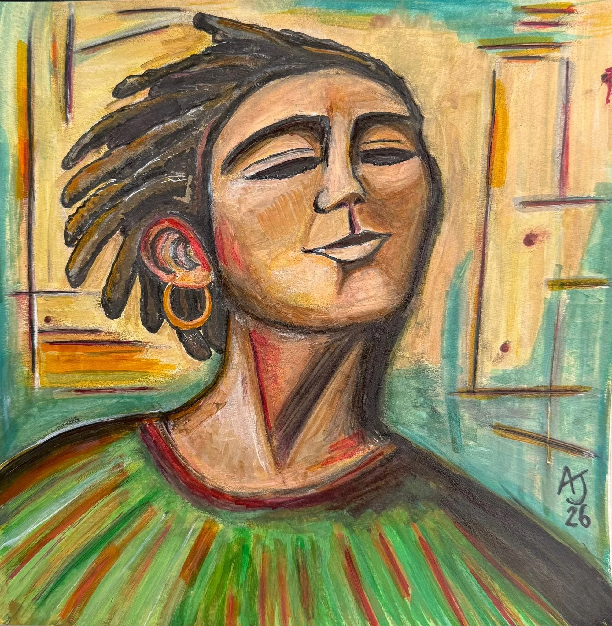 Colorful abstract painting of a woman's face with closed eyes, dark hair, earrings, and surrounded by radiant, rainbow-colored streaks.