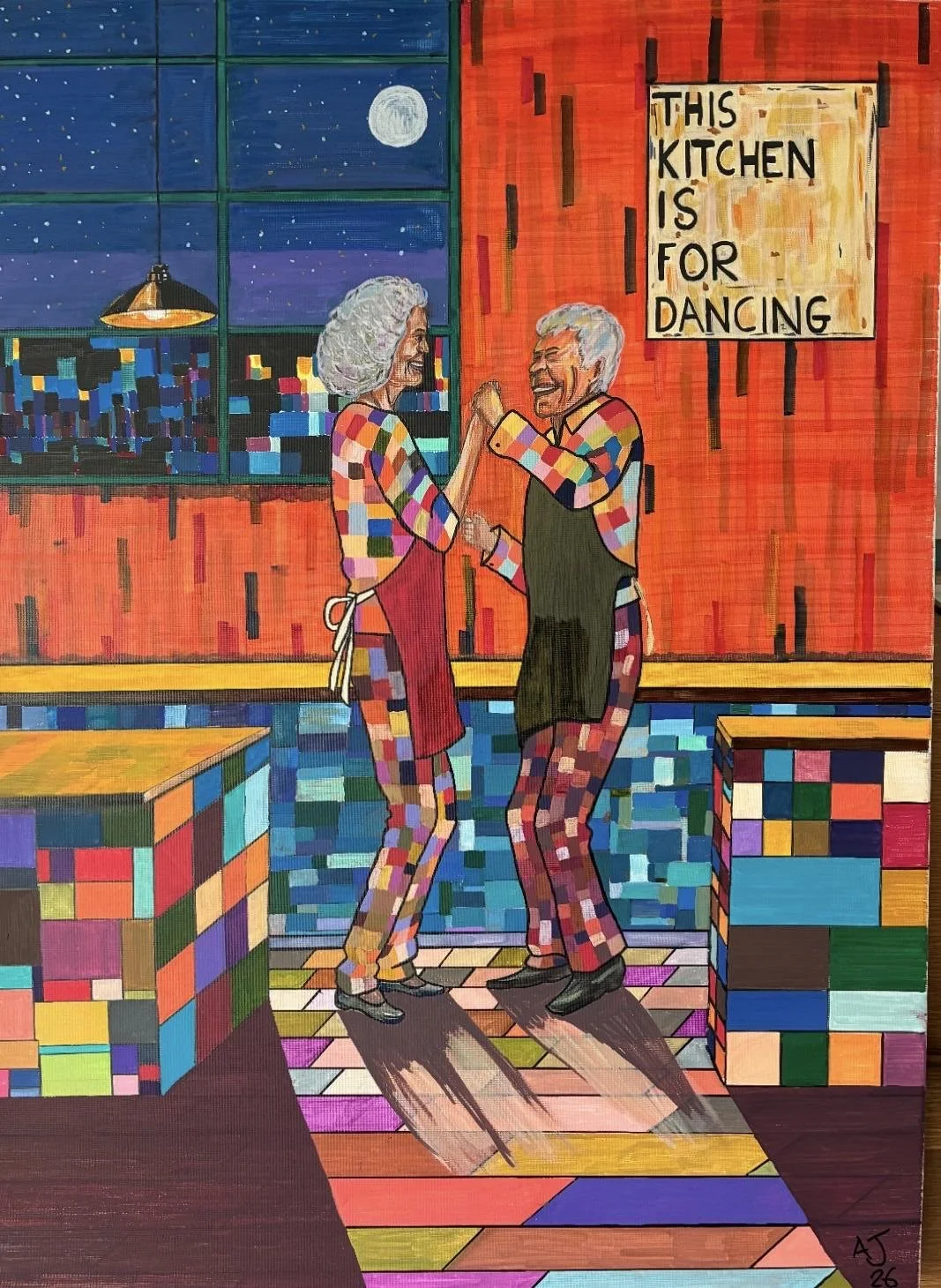 A colorful painting of an elderly couple dancing in a kitchen with a window showing a night sky with a full moon. The signs reads, "This kitchen is for dancing."
