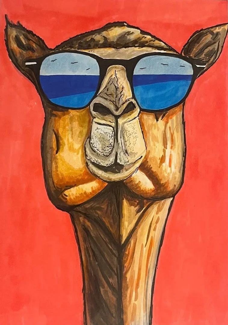 A drawing of a giraffe wearing sunglasses that reflect a blue sky with a few birds. The background is solid red.