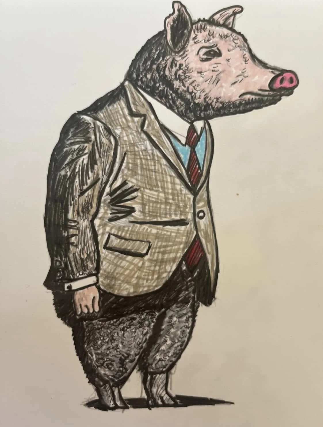 Hand-drawn illustration of a humanoid boar with a pig's head, dressed in a business suit, with a beige jacket, blue shirt, and red tie.