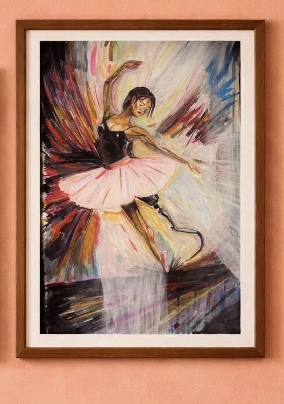 Painting of a ballerina in a pink tutu and black top, dancing with colorful abstract background.