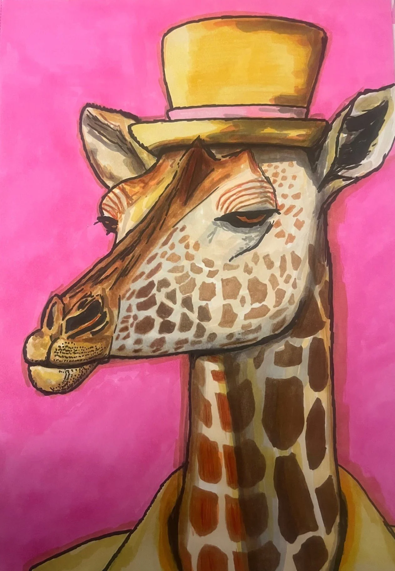 A cartoon illustration of a giraffe wearing a wide-brimmed yellow hat, set against a pink background.