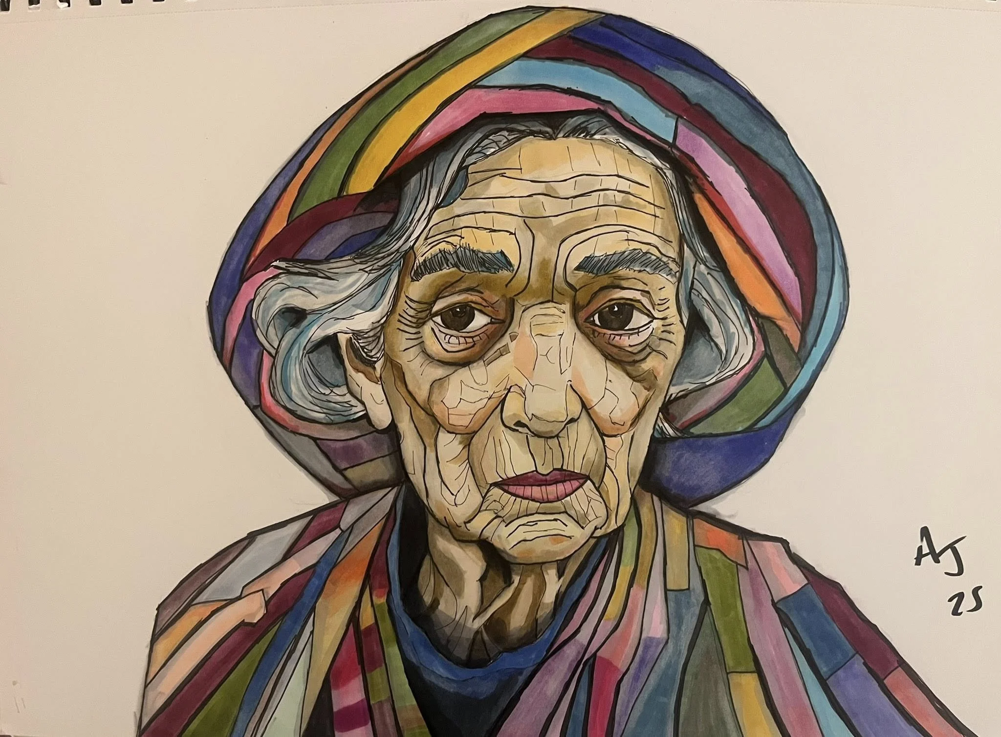 A colorful watercolor portrait of an elderly woman with cross-hatched lines representing wrinkles, wearing a multicolored headscarf and a jacket with a matching pattern.