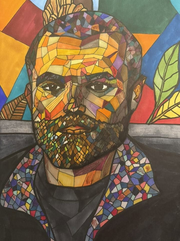 A colorful mosaic-style portrait of a man with a beard, wearing a black jacket, against a vibrant geometric background with leaves.