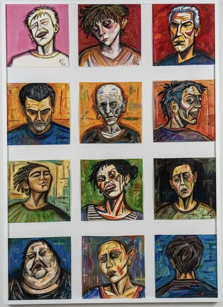 A collage of twelve colorful, expressive painted portraits of various individuals, each with distinct facial expressions and emotions, arranged in a 3x4 grid.