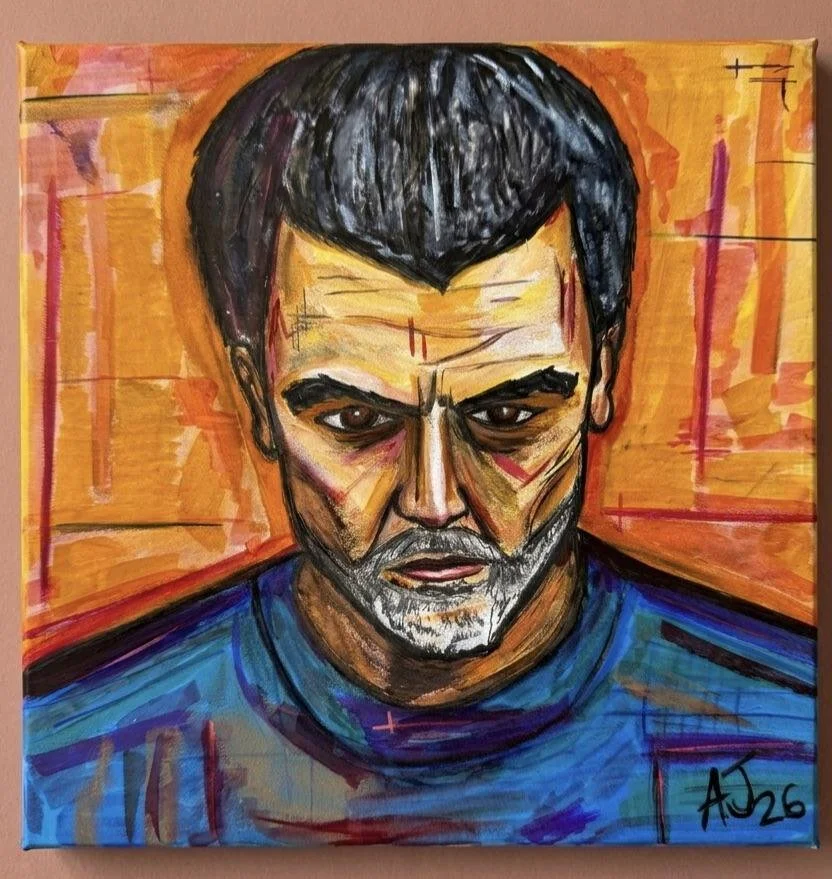 A colorful portrait of a middle-aged man with short dark hair, a beard, and intense expression, painted in an abstract style with orange and blue background.