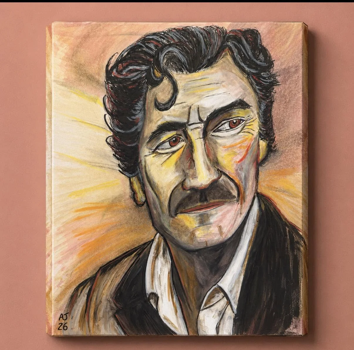 A painting of a man with dark, wavy hair, a mustache, and a serious expression, dressed in a white shirt and dark jacket, with a background of warm colors.
