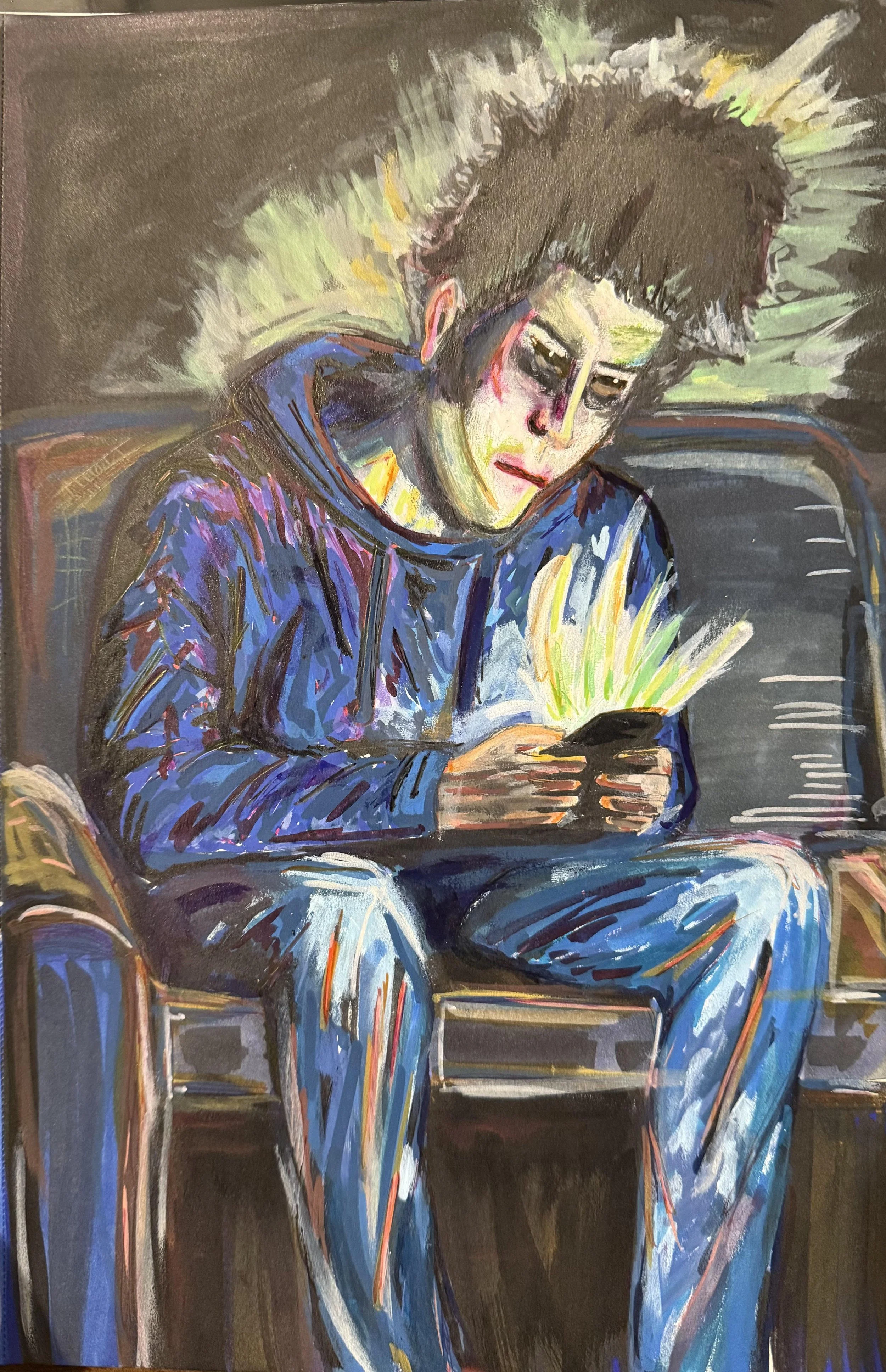 A colorful painting of a young man with spiky hair, wearing a blue jacket, sitting on a chair and looking at his phone.
