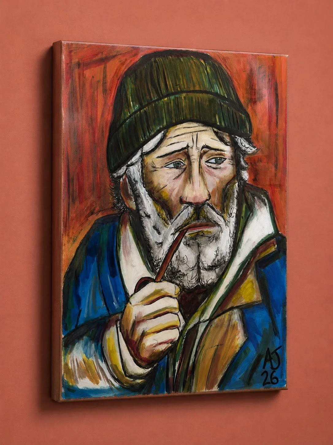 Colorful painting of an elderly man with a beard and mustache wearing a green beanie, holding a pipe, and looking thoughtful, signed 'AS 26'.