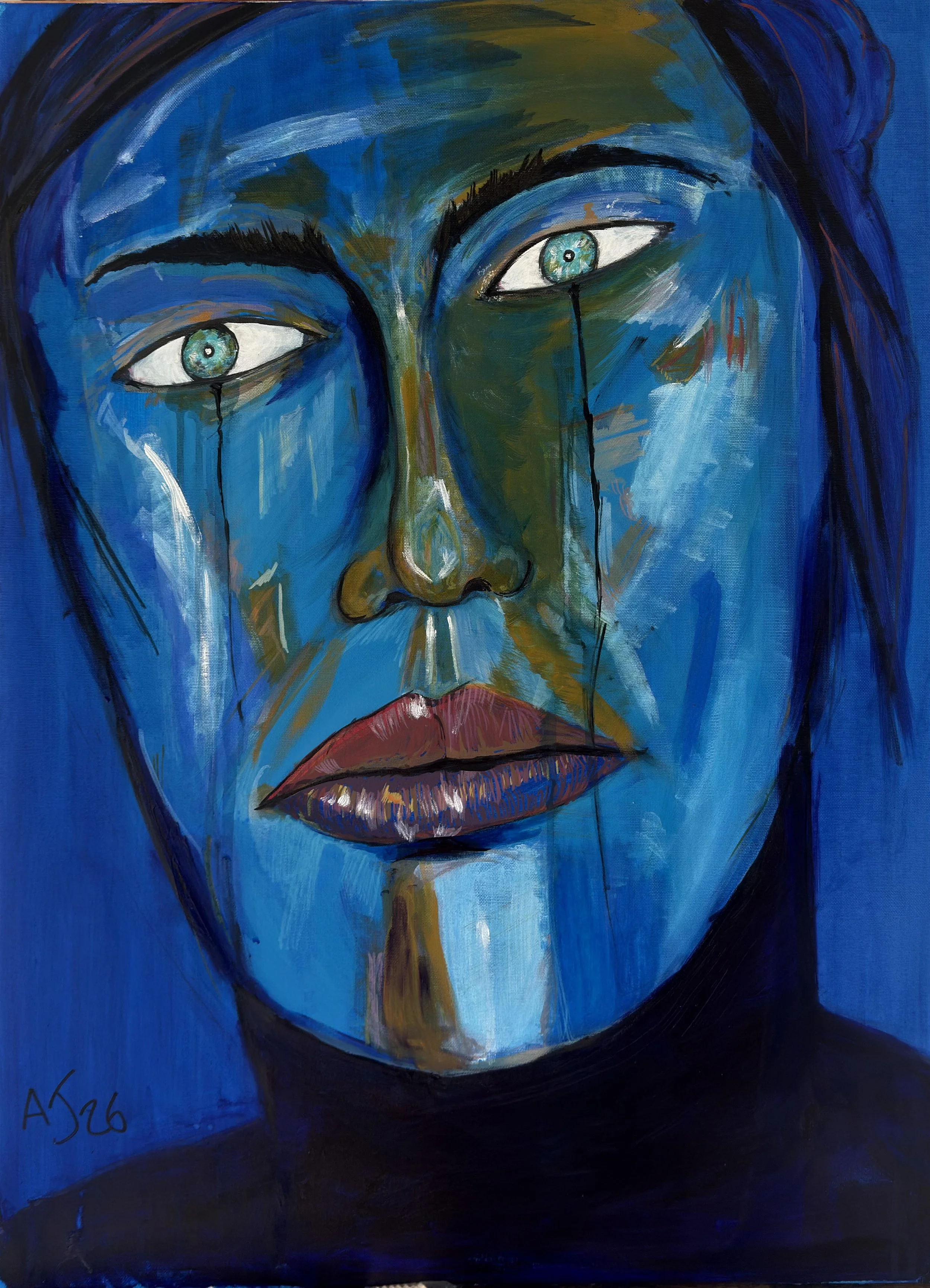 An abstract painting of a woman's face with blue and green tones, featuring expressive eyes with teal irises and dripping black lines from the eyes, against a predominantly dark background.