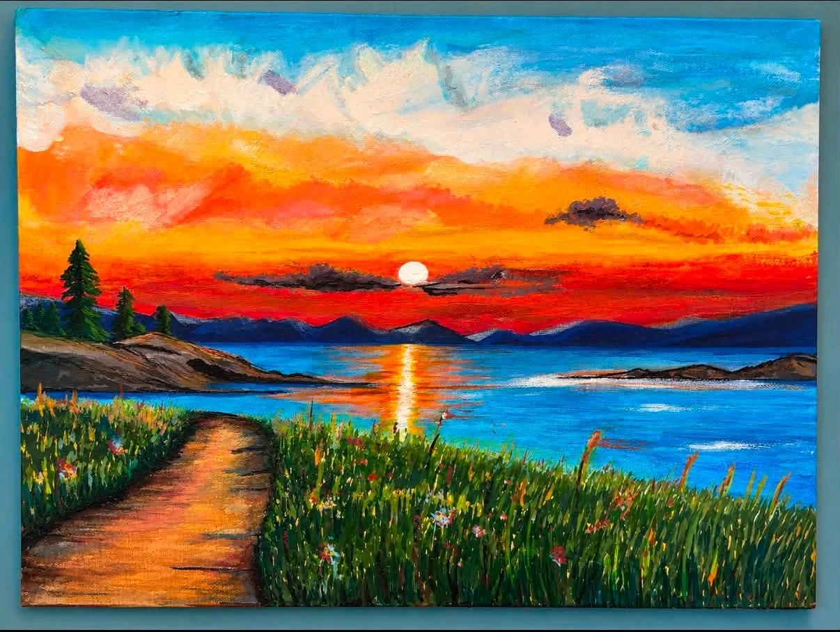 Colorful painting of a sunset over a lake, with a dirt path leading through grassy fields with flowers, mountains in the background, and a few trees on the left.