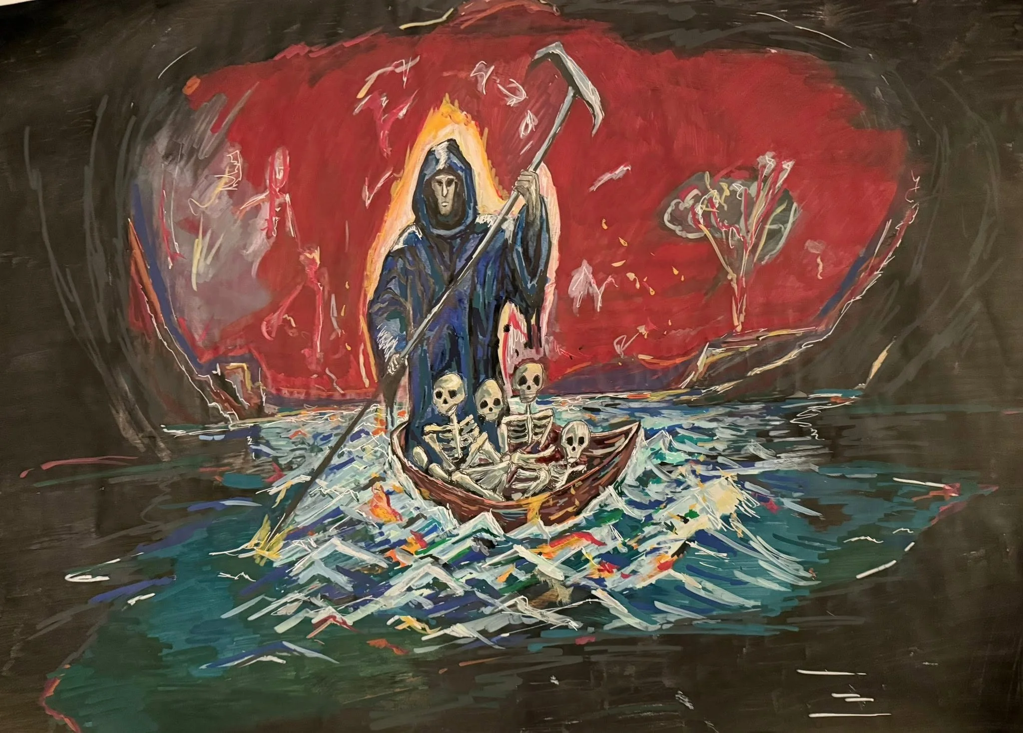 A colorful abstract painting of a boat with a hooded skeletal figure holding a scythe, surrounded by floating skulls, on a water background with a red and black sky.